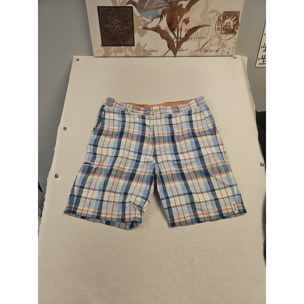 Tommy Bahama Relax Mens 38 Blue Orange Plaid 100% Linen Flat Front Shorts